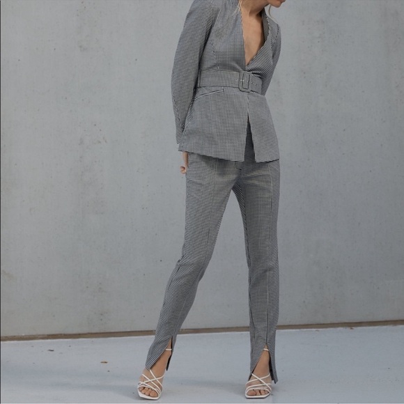 *Bloggers Favorite* Zara Houndstooth Mid Rise Front Split Trousers Sz M - Picture 2 of 14